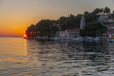 View of sunset in Cavtat on the Adriatic Sea, Cavtat, Dubrovnik Riviera, Croatia, Europe